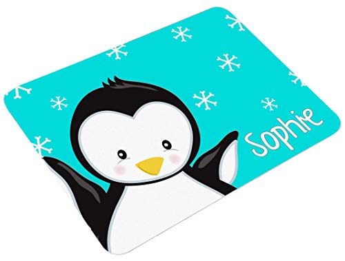 CreaDesign, Frühstücksbrettchen Kinder mit Namen personalisiert, Schneidebrett Kunststoff Motiv Pinguin Türkis, Antirutsch-Noppen, Größe 20 x 25 cm von CreaDesign