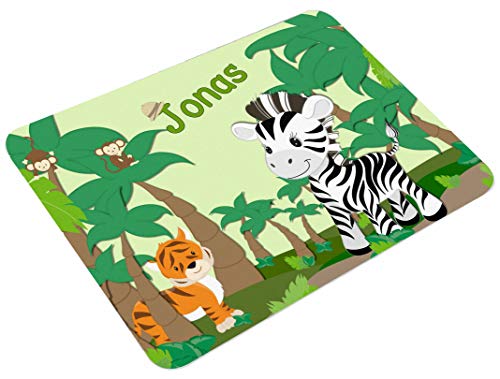 CreaDesign, Frühstücksbrettchen Kinder mit Namen personalisiert, Schneidebrett Kunststoff Motiv Safari Zebra, Antirutsch-Noppen, Größe 20 x 25 cm von CreaDesign