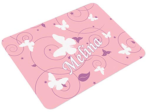 CreaDesign, Frühstücksbrettchen Kinder mit Namen personalisiert, Schneidebrett Kunststoff Motiv Schmetterling Rosa Lila, Antirutsch-Noppen, Größe 20 x 25 cm von CreaDesign