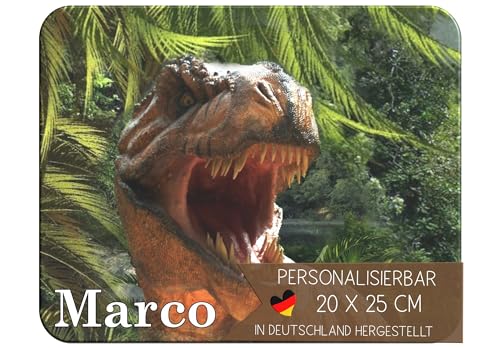 CreaDesign Personalisiertes Kinder Frühstücksbrett mit Namen, 20x25cm,rutschfestes Schneidebrett aus Kunststoff,Dinosaurier T-Rex Design,spülmaschinen&mikrowellengeeignet,Schneidbrett für Kinder von CreaDesign