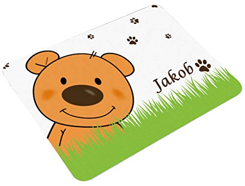 CreaDesign, Frühstücksbrettchen Kinder mit Namen personalisiert, Schneidebrett Kunststoff Motiv Teddy Bär, Antirutsch-Noppen, Größe 20 x 25 cm von CreaDesign