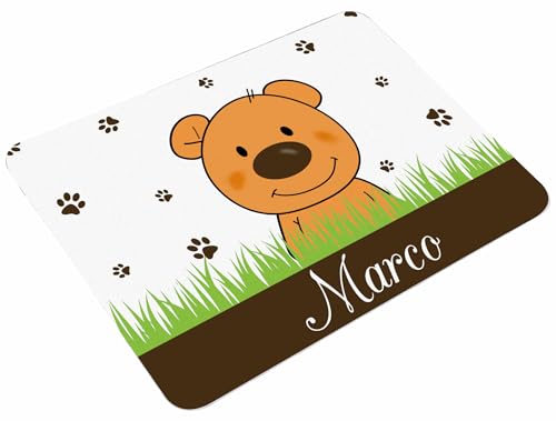 CreaDesign, Frühstücksbrettchen Kinder mit Namen personalisiert, Schneidebrett Kunststoff Motiv Teddy Bär Bär, Antirutsch-Noppen, Größe 20 x 25 cm von CreaDesign