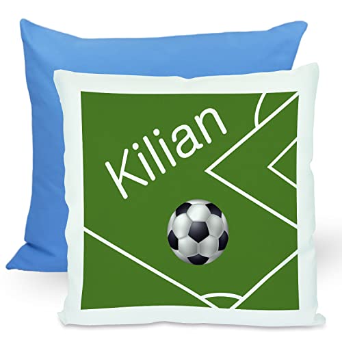 CreaDesign, Kinder Kissen 40x40 cm personalisiert mit Namen, Kinderzimmer Deko Kissen Kinder mit Füllung Federn, Motiv Fußball, Rückenfarbe Blau von CreaDesign