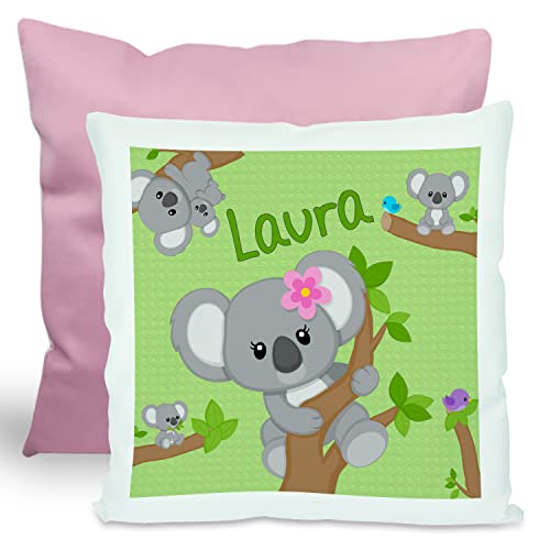 CreaDesign, Kinder Kissen 40x40 cm personalisiert mit Namen, Kinderzimmer Deko Kissen Kinder mit Füllung Federn, Motiv Koala Bär Mädchen, Rückenfarbe Rosa von CreaDesign