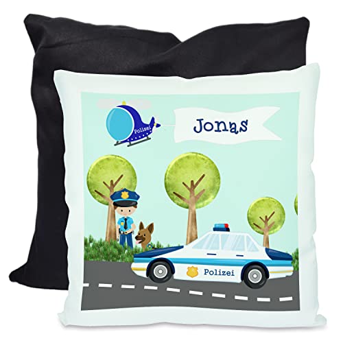 CreaDesign, Kinder Kissen 40x40 cm personalisiert mit Namen, Kinderzimmer Deko Kissen Kinder mit Füllung Federn, Motiv Polizei, Rückenfarbe Schwarz von CreaDesign