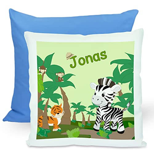 CreaDesign, Kinder Kissen 40x40 cm personalisiert mit Namen, Kinderzimmer Deko Kissen Kinder mit Füllung Federn, Motiv Safari Zebra, Rückenfarbe Blau CreaDesign, Kinder Kissen 40x40 cm personalisiert mit Namen, Kinderzimmer Deko Kissen Kinder mit Füllung Federn, Motiv Safari Zebra, Rückenfarbe Blau von CreaDesign
