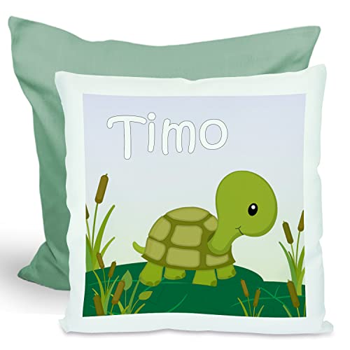 CreaDesign, Kinder Kissen 40x40 cm personalisiert mit Namen, Kinderzimmer Deko Kissen Kinder mit Füllung Federn, Motiv Schildkröte, Rückenfarbe Grün von CreaDesign