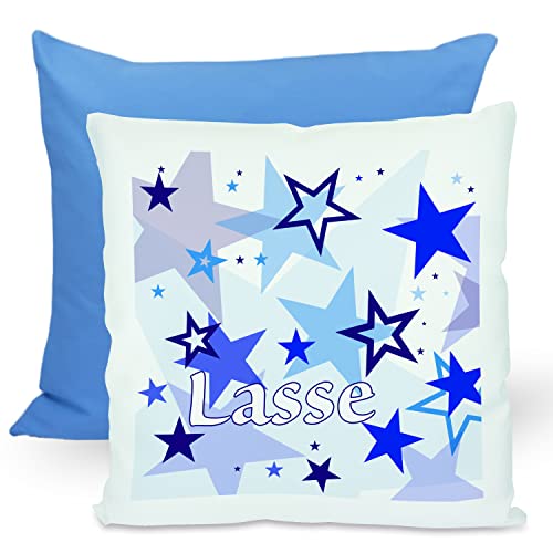 CreaDesign, Kinder Kissen 40x40 cm personalisiert mit Namen, Kinderzimmer Deko Kissen Kinder mit Füllung Federn, Motiv Sterne blau, Rückenfarbe Blau von CreaDesign