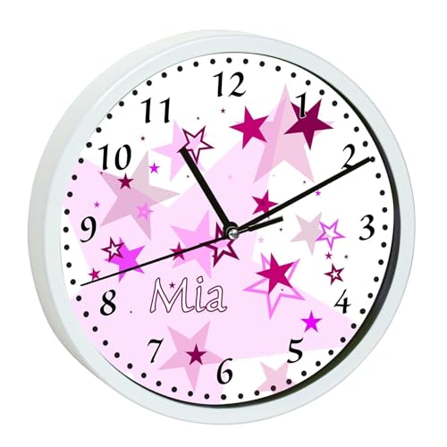 CreaDesign, WU-00-1030-02, Sterne Rosa Wanduhr für Kinderzimmer, personalisierbar mit Namen, Rahmen weiß, Durchmesser 19,5 cm von CreaDesign