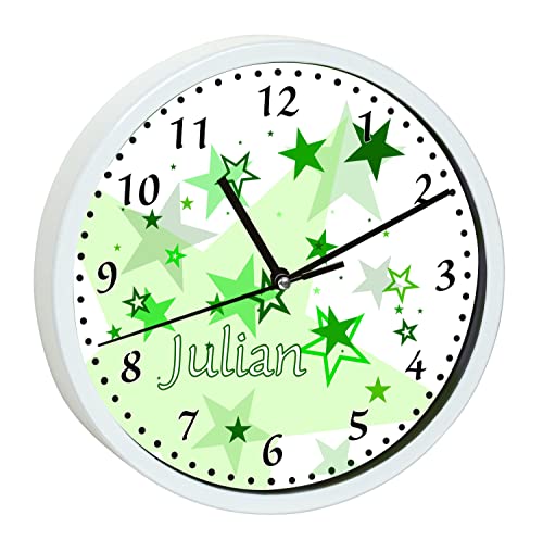 CreaDesign, WU-00-1030-04, Sterne Grün Wanduhr für Kinderzimmer, personalisierbar mit Namen, Rahmen weiß, Durchmesser 19,5 cm von CreaDesign