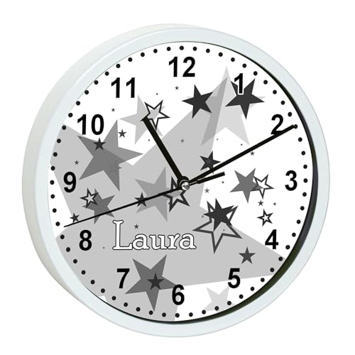 CreaDesign, WU-00-1030-32, Sterne Grau Wanduhr für Kinderzimmer, personalisierbar mit Namen, Rahmen weiß, Durchmesser 19,5 cm von CreaDesign