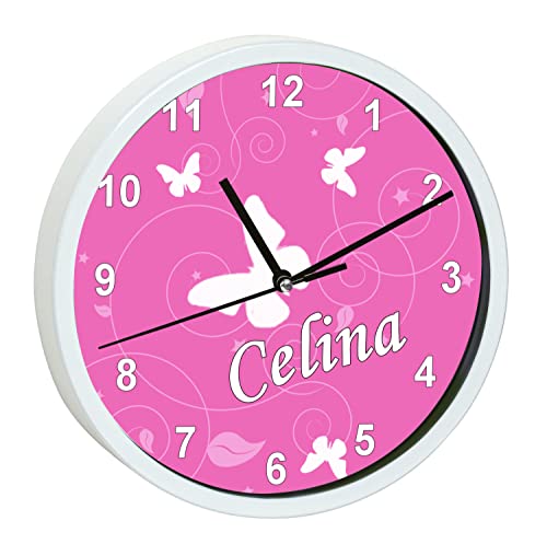 CreaDesign, WU-00-1032-02, Schmetterling Rosa Wanduhr für Kinderzimmer, personalisierbar mit Namen, Rahmen weiß, Durchmesser 19,5 cm von CreaDesign