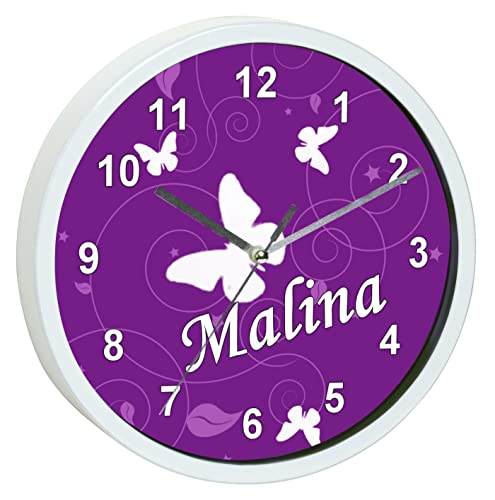 CreaDesign, WU-00-1032-05, Schmetterling Lila Wanduhr für Kinderzimmer, personalisierbar mit Namen, Rahmen weiß, Durchmesser 19,5 cm von CreaDesign