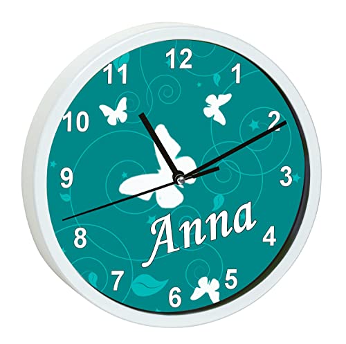 CreaDesign, WU-00-1032-10, Schmetterling Petrol Wanduhr für Kinderzimmer, personalisierbar mit Namen, Rahmen weiß, Durchmesser 19,5 cm von CreaDesign