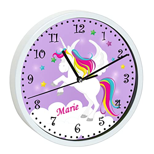 CreaDesign, WU-00-1034-05, Einhorn Lila Wanduhr für Kinderzimmer, personalisierbar mit Namen, Rahmen weiß, Durchmesser 19,5 cm von CreaDesign