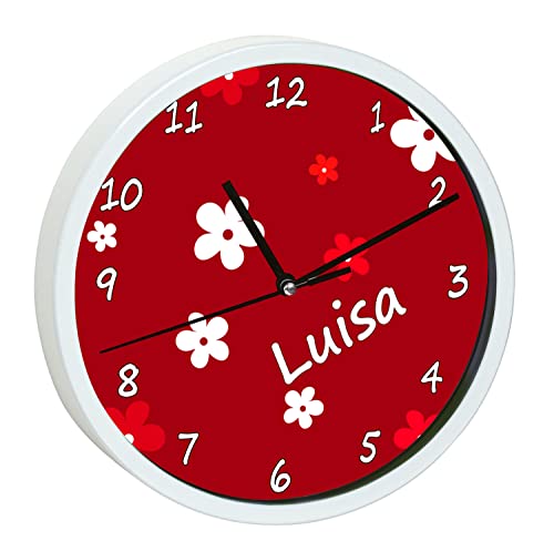 CreaDesign, WU-00-1072-20, Blumen Rot Wanduhr für Kinderzimmer, personalisierbar mit Namen, Rahmen weiß, Durchmesser 19,5 cm von CreaDesign