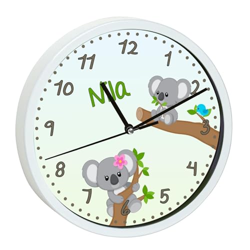 CreaDesign, WU-00-1081-00, Koala Bär Blau Wanduhr für Kinderzimmer, personalisierbar mit Namen, Rahmen weiß, Durchmesser 19,5 cm von CreaDesign