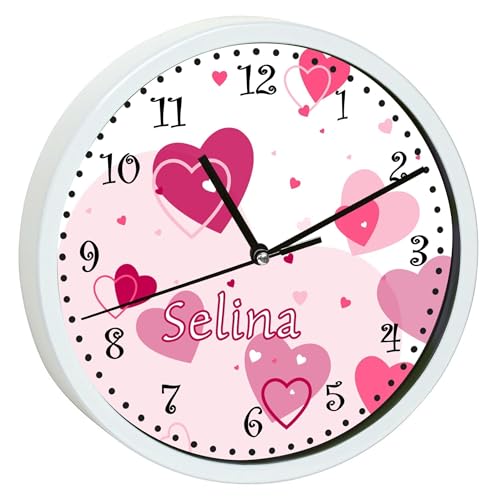 CreaDesign, WU-00-1123-02, Herz Rosa Wanduhr für Kinderzimmer, personalisierbar mit Namen, Rahmen weiß, Durchmesser 19,5 cm von CreaDesign