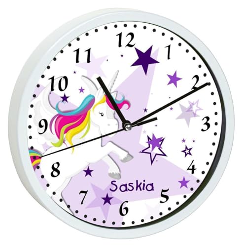 CreaDesign, WU-00-1129-05, Einhorn Sterne Lila Wanduhr für Kinderzimmer, personalisierbar mit Namen, Rahmen weiß, Durchmesser 19,5 cm von CreaDesign