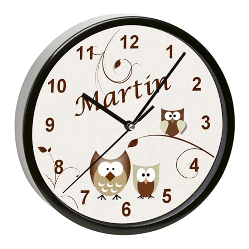 CreaDesign, WU-01-1007-08, Eule Beige Wanduhr für Kinderzimmer, personalisierbar mit Namen, Rahmen schwarz, Durchmesser 19,5 cm von CreaDesign