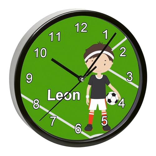 CreaDesign, WU-01-1011, Fußball Wanduhr für Kinderzimmer, personalisierbar mit Namen, Rahmen schwarz, Durchmesser 19,5 cm von CreaDesign