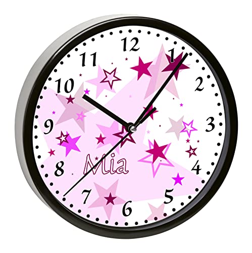 CreaDesign, WU-01-1030-02, Sterne Rosa Wanduhr für Kinderzimmer, personalisierbar mit Namen, Rahmen schwarz, Durchmesser 19,5 cm von CreaDesign