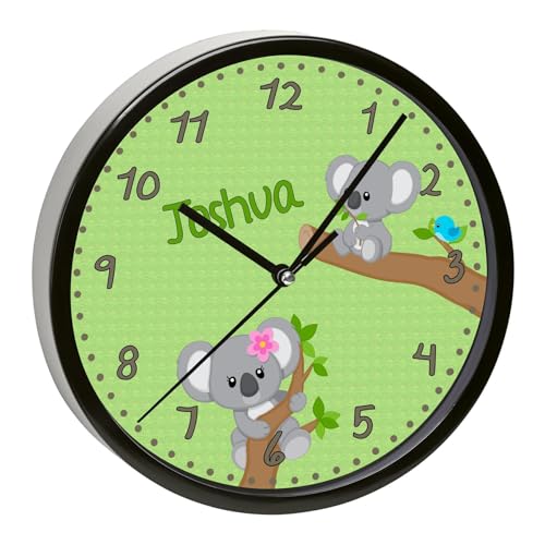 CreaDesign, WU-01-1081-00, Koala Bär Blau Wanduhr für Kinderzimmer, personalisierbar mit Namen, Rahmen schwarz, Durchmesser 19,5 cm von CreaDesign