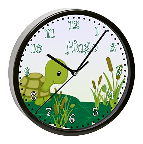 CreaDesign, WU-01-1085, Schildkröte Wanduhr für Kinderzimmer, personalisierbar mit Namen, Rahmen schwarz, Durchmesser 19,5 cm von CreaDesign