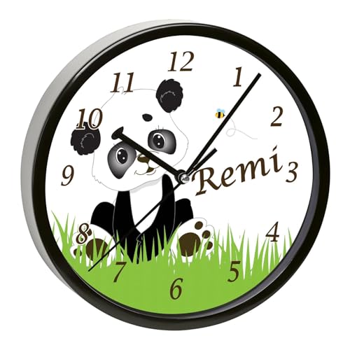 CreaDesign, WU-01-1113, Panda Bär Wanduhr für Kinderzimmer, personalisierbar mit Namen, Rahmen schwarz, Durchmesser 19,5 cm von CreaDesign