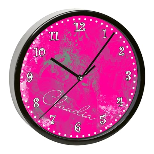 CreaDesign, WU-01-1117-36, Phantasie Pink Wanduhr für Kinderzimmer, personalisierbar mit Namen, Rahmen schwarz, Durchmesser 19,5 cm von CreaDesign