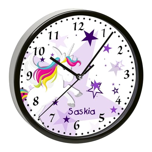 CreaDesign, WU-01-1129-05, Einhorn Sterne Lila Wanduhr für Kinderzimmer, personalisierbar mit Namen, Rahmen schwarz, Durchmesser 19,5 cm von CreaDesign