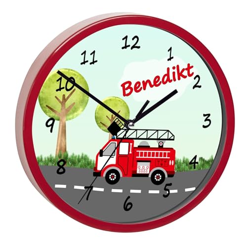 CreaDesign, WU-02-1009, Feuerwehr Wanduhr für Kinderzimmer, personalisierbar mit Namen, Rahmen rot, Durchmesser 19,5 cm von CreaDesign