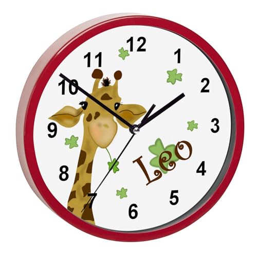 CreaDesign, WU-02-1012, Giraffe Wanduhr für Kinderzimmer, personalisierbar mit Namen, Rahmen rot, Durchmesser 19,5 cm von CreaDesign