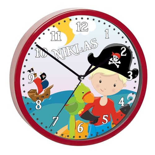 CreaDesign, WU-02-1014, Pirat Wanduhr für Kinderzimmer, personalisierbar mit Namen, Rahmen rot, Durchmesser 19,5 cm von CreaDesign