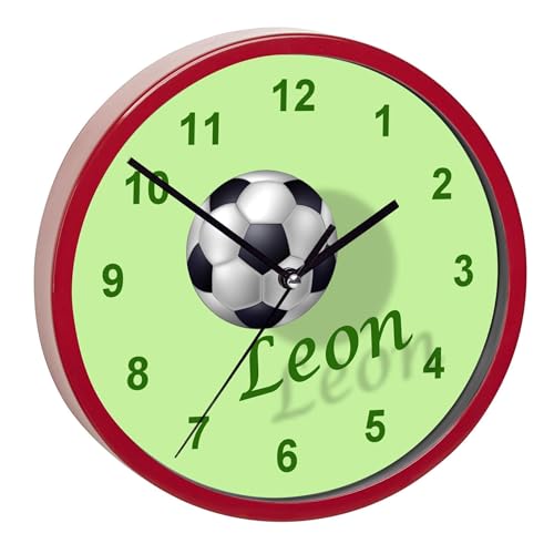 CreaDesign, WU-02-1020, Fußball Wanduhr für Kinderzimmer, personalisierbar mit Namen, Rahmen rot, Durchmesser 19,5 cm von CreaDesign