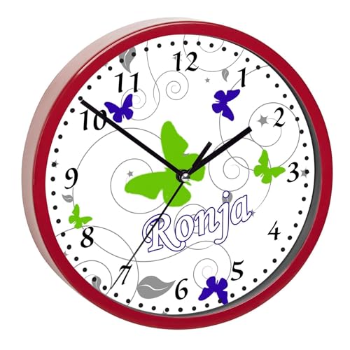 CreaDesign, WU-02-1032-21, Schmetterling Blau Grün Wanduhr für Kinderzimmer, personalisierbar mit Namen, Rahmen rot, Durchmesser 19,5 cm von CreaDesign