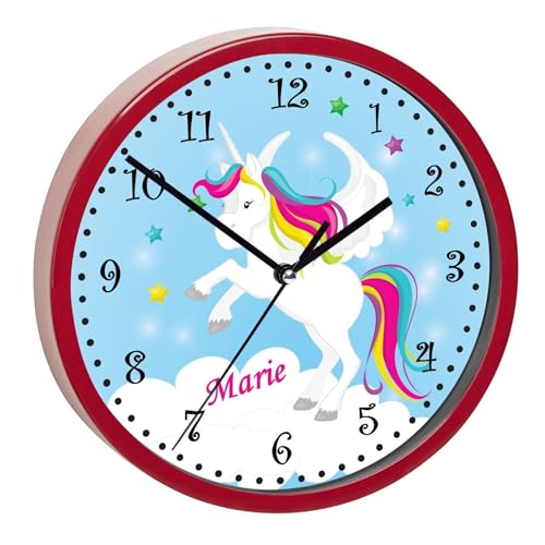 CreaDesign, WU-02-1034-01, Einhorn Blau Wanduhr für Kinderzimmer, personalisierbar mit Namen, Rahmen rot, Durchmesser 19,5 cm von CreaDesign