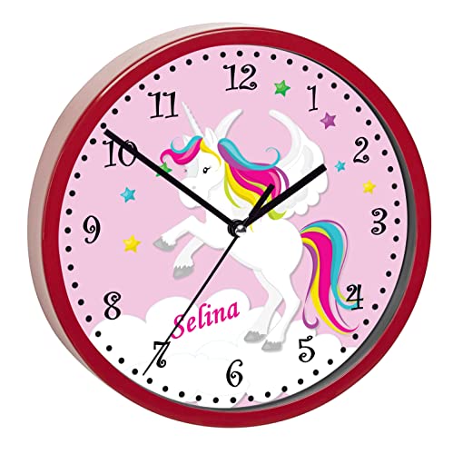 CreaDesign, WU-02-1034-02, Einhorn Rosa Wanduhr für Kinderzimmer, personalisierbar mit Namen, Rahmen rot, Durchmesser 19,5 cm von CreaDesign