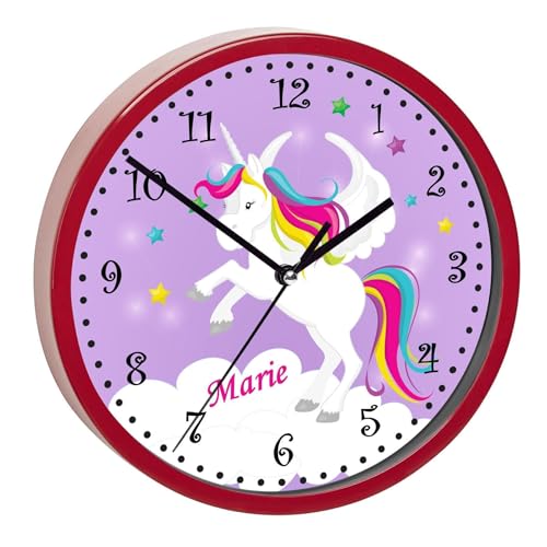 CreaDesign, WU-02-1034-05, Einhorn Lila Wanduhr für Kinderzimmer, personalisierbar mit Namen, Rahmen rot, Durchmesser 19,5 cm von CreaDesign