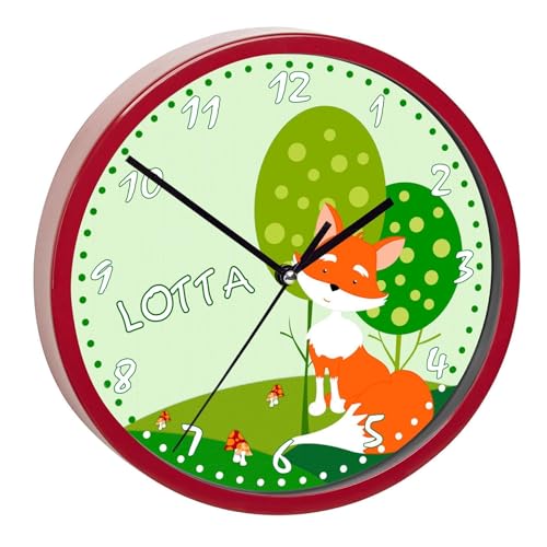 CreaDesign, WU-02-1057, Fuchs Wanduhr für Kinderzimmer, personalisierbar mit Namen, Rahmen rot, Durchmesser 19,5 cm von CreaDesign