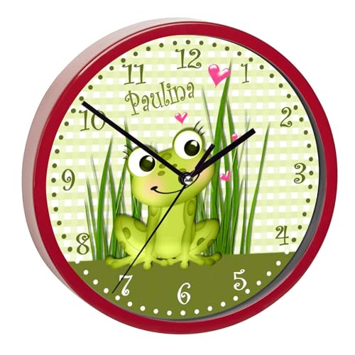 CreaDesign, WU-02-1061, Frosch Wanduhr für Kinderzimmer, personalisierbar mit Namen, Rahmen rot, Durchmesser 19,5 cm von CreaDesign