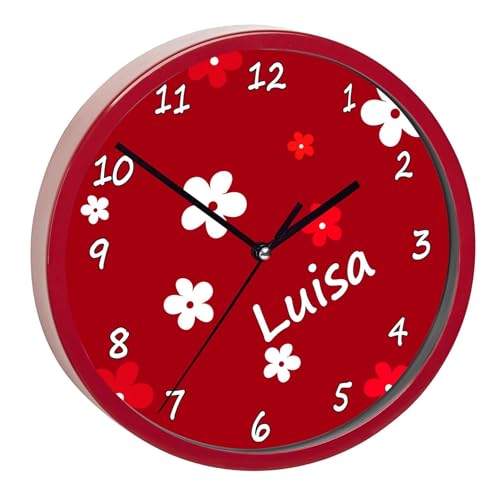 CreaDesign, WU-02-1072-20, Blumen Rot Wanduhr für Kinderzimmer, personalisierbar mit Namen, Rahmen rot, Durchmesser 19,5 cm von CreaDesign