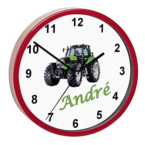 CreaDesign, WU-02-1104, Traktor Wanduhr für Kinderzimmer, personalisierbar mit Namen, Rahmen rot, Durchmesser 19,5 cm von CreaDesign