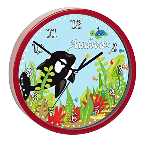 CreaDesign, WU-02-1108, Wal/Fisch Wanduhr für Kinderzimmer, personalisierbar mit Namen, Rahmen rot, Durchmesser 19,5 cm von CreaDesign