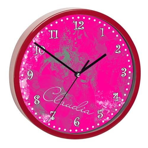 CreaDesign, WU-02-1117-36, Phantasie Pink Wanduhr für Kinderzimmer, personalisierbar mit Namen, Rahmen rot, Durchmesser 19,5 cm von CreaDesign