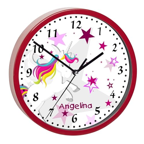 CreaDesign, WU-02-1129-02, Einhorn Sterne Rosa Wanduhr für Kinderzimmer, personalisierbar mit Namen, Rahmen rot, Durchmesser 19,5 cm von CreaDesign