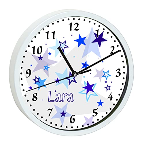 CreaDesign, WU-30-1030-01 Sterne Blau Wanduhr für Kinderzimmer, lautloses Uhrwerk ohne Ticken, personalisierbar mit Namen, Rahmen weiß, Durchmesser 19,5 cm von CreaDesign