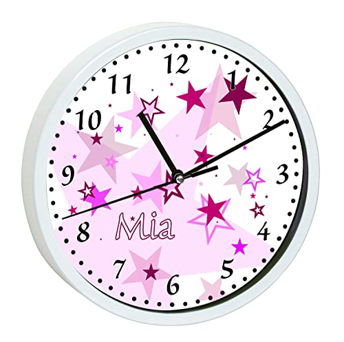 CreaDesign, WU-30-1030-02 Sterne Rosa Wanduhr für Kinderzimmer, lautloses Uhrwerk ohne Ticken, personalisierbar mit Namen, Rahmen weiß, Durchmesser 19,5 cm von CreaDesign