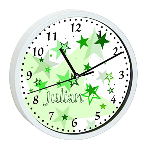 CreaDesign, WU-30-1030-04 Sterne Grün Wanduhr für Kinderzimmer, lautloses Uhrwerk ohne Ticken, personalisierbar mit Namen, Rahmen weiß, Durchmesser 19,5 cm von CreaDesign