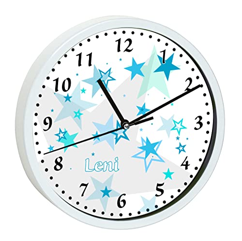 CreaDesign, WU-30-1030-13 Sterne Türkis Wanduhr für Kinderzimmer, lautloses Uhrwerk ohne Ticken, personalisierbar mit Namen, Rahmen weiß, Durchmesser 19,5 cm von CreaDesign